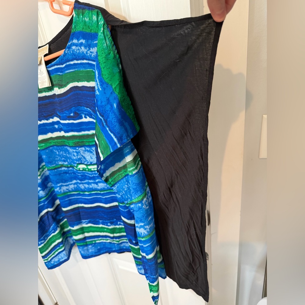 Michael Kors Blue & Green Wave-Stripe Short Poncho Sleeve Top - Picture 5 of 6